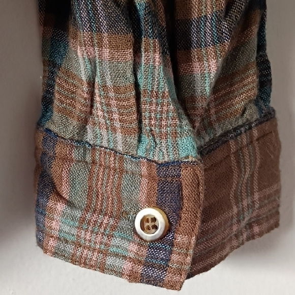 Ee:Some Brown Blue Plaid Button Up Shirt Women’s Small Rayon Boho Top Cottage - Picture 4 of 9